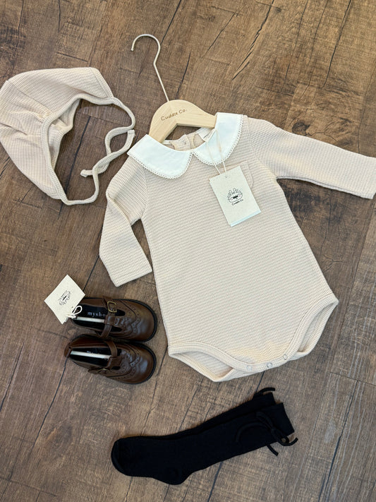 Cream Collared Romper with Bonnet